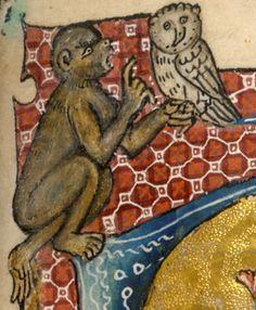Medieval illustration of a monkey scolding an indifferent owl.