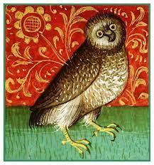 An owl from a French medieval bestiary. It looks like it's blepping.
