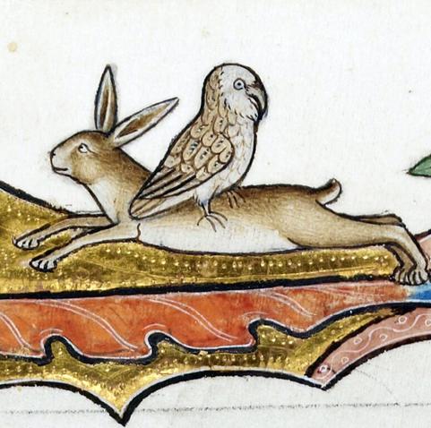 An owl riding a hare backwards. 'Ormesby Psalter', England ca. 1310