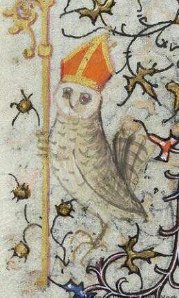 Medieval owl in bishop's mitre and holding crozier, 15th C.